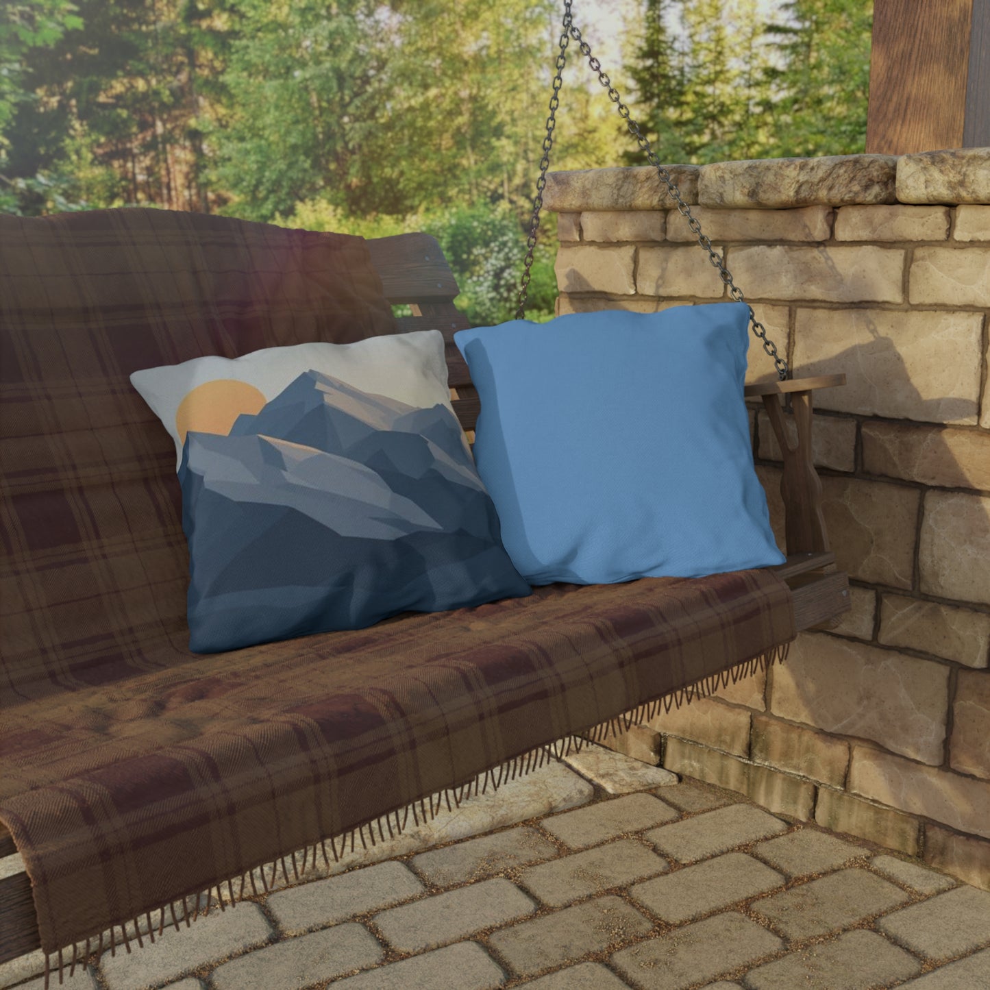 Mountain Sunrise Outdoor Pillow — Geometric Blue Peak Throw Pillow for Patio & Deck