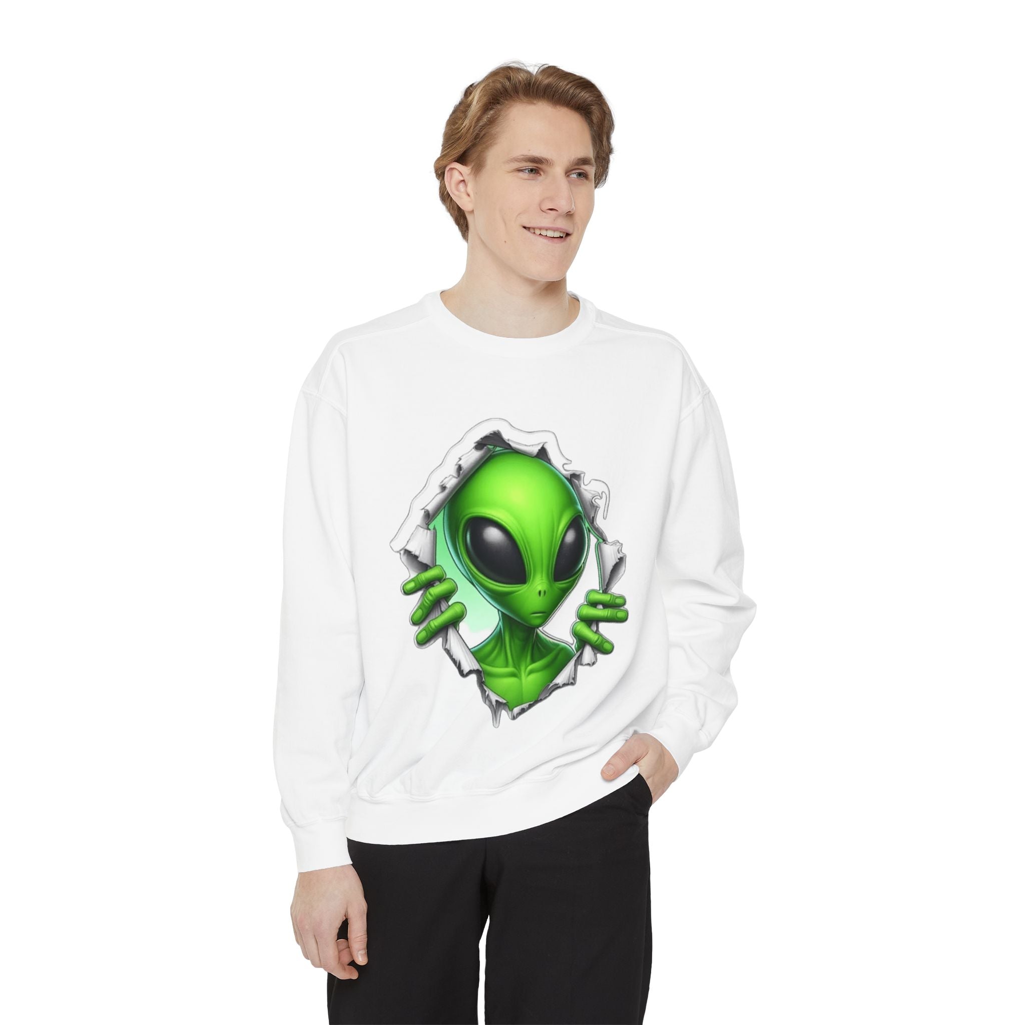Alien Peeking Graphic Sweatshirt – Green Extraterrestrial Crewneck