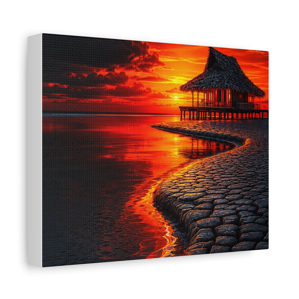 Tropical Sunset Canvas Wall Art — Exotic Hut over Lava-Red Ocean, Matte Stretched 1.25"