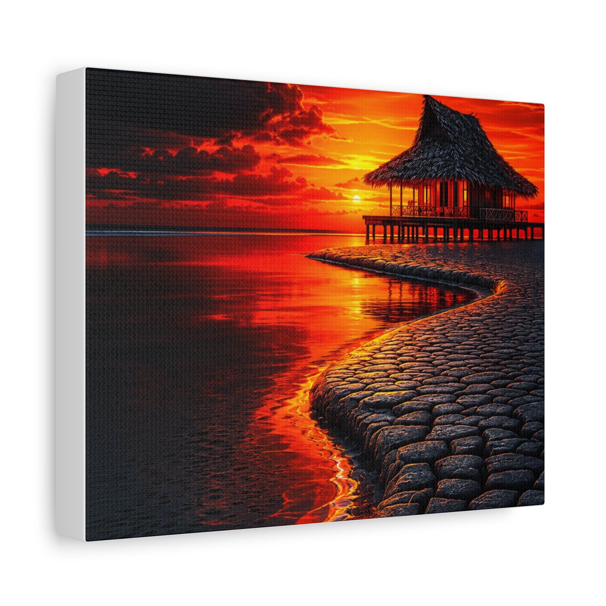 Tropical Sunset Canvas Wall Art — Exotic Hut over Lava-Red Ocean, Matte Stretched 1.25"