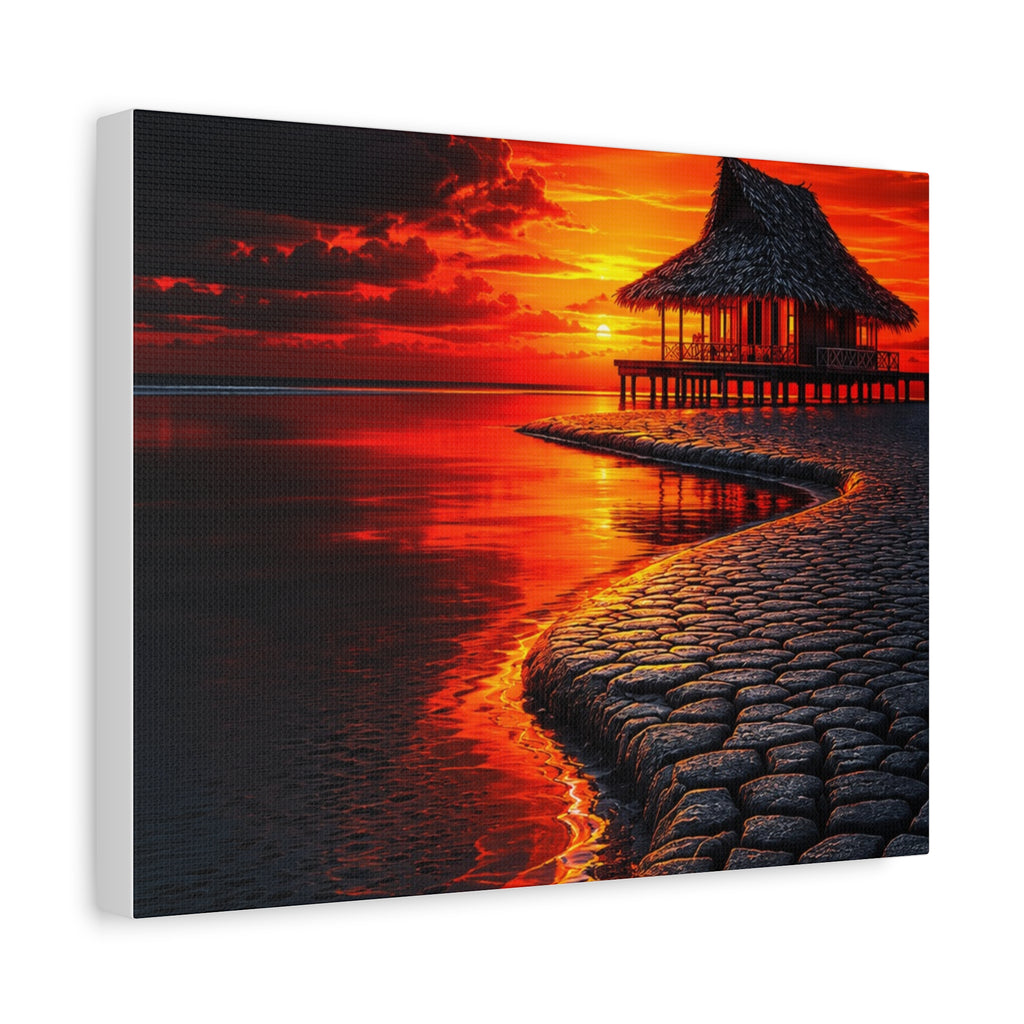 Tropical Sunset Canvas Wall Art — Exotic Hut over Lava-Red Ocean, Matte Stretched 1.25"