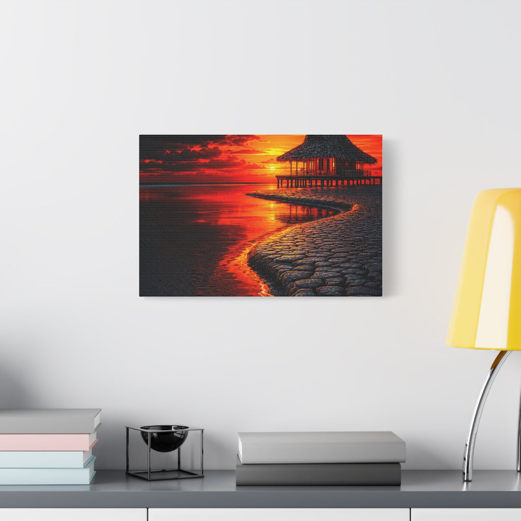 Tropical Sunset Canvas Wall Art — Exotic Hut over Lava-Red Ocean, Matte Stretched 1.25"