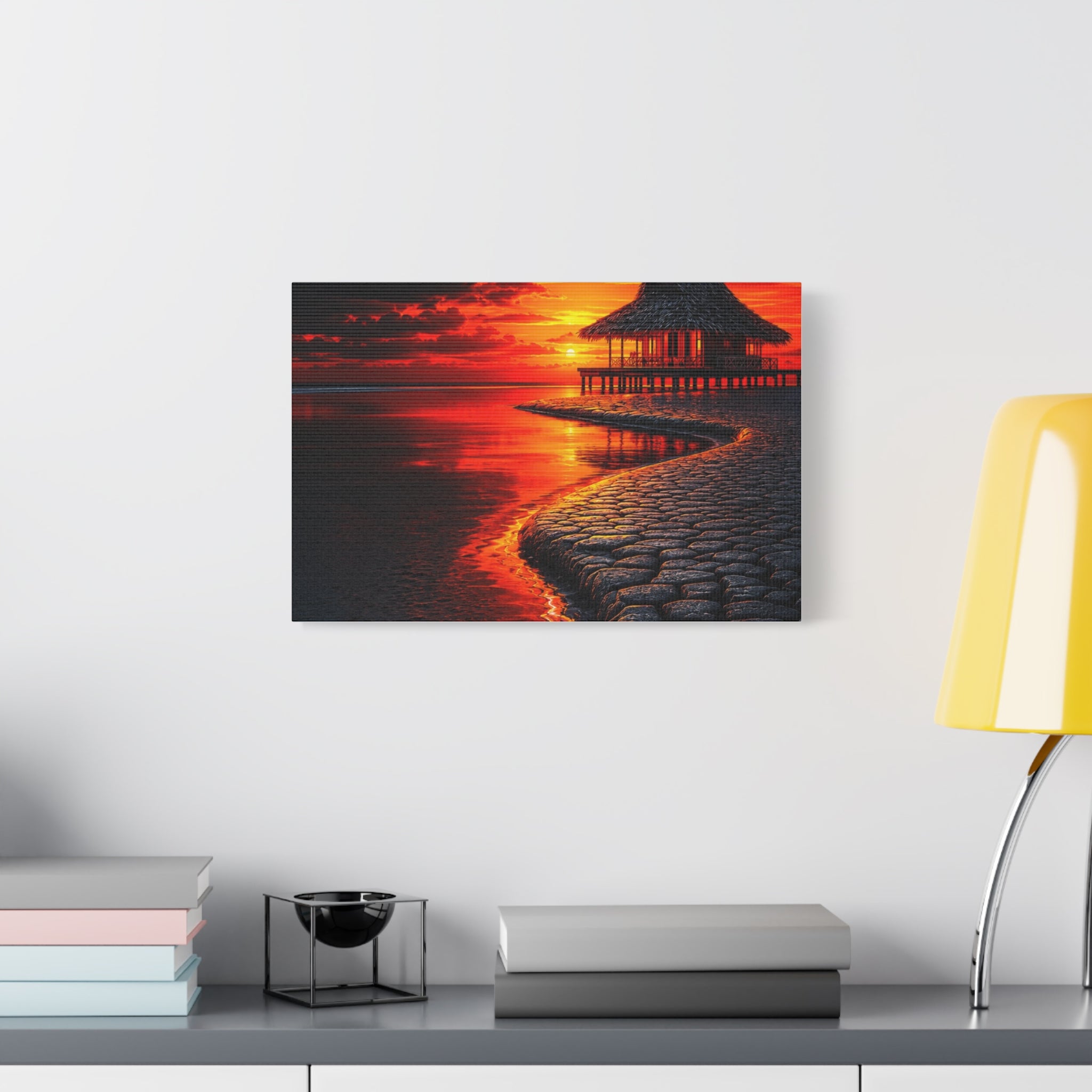 Tropical Sunset Canvas Wall Art — Exotic Hut over Lava-Red Ocean, Matte Stretched 1.25"