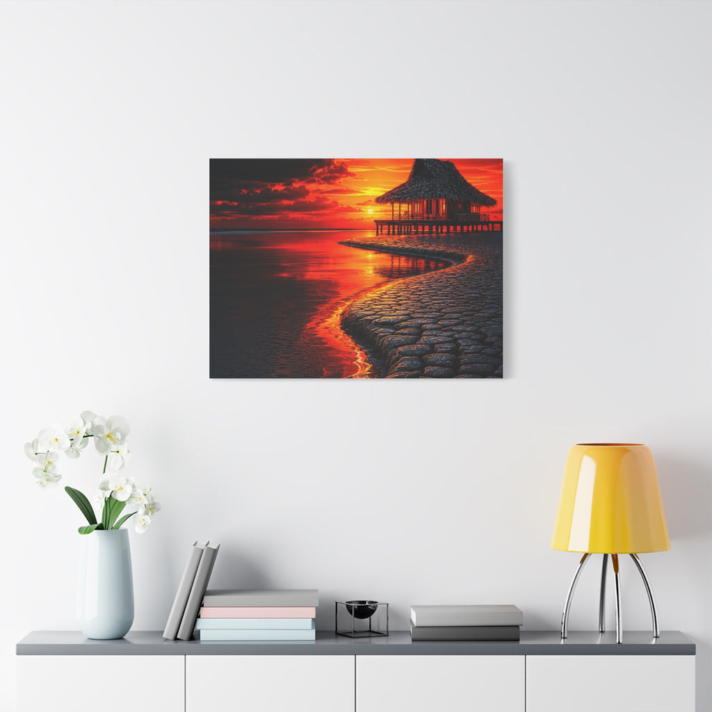 Tropical Sunset Canvas Wall Art — Exotic Hut over Lava-Red Ocean, Matte Stretched 1.25"