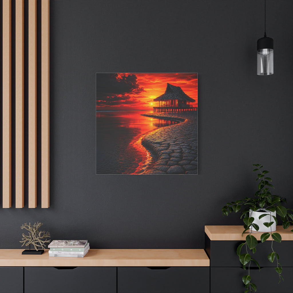Tropical Sunset Canvas Wall Art — Exotic Hut over Lava-Red Ocean, Matte Stretched 1.25"