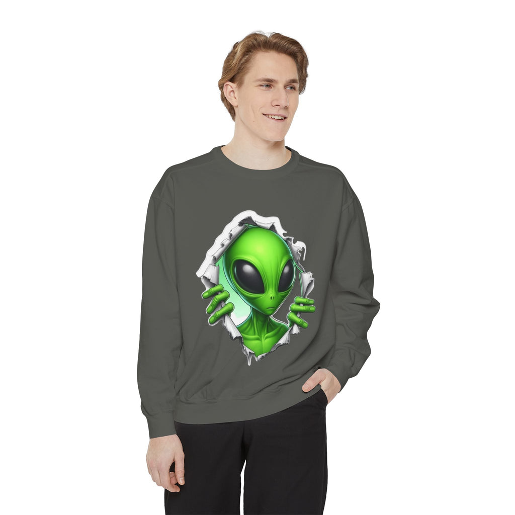 Alien Peeking Graphic Sweatshirt – Green Extraterrestrial Crewneck