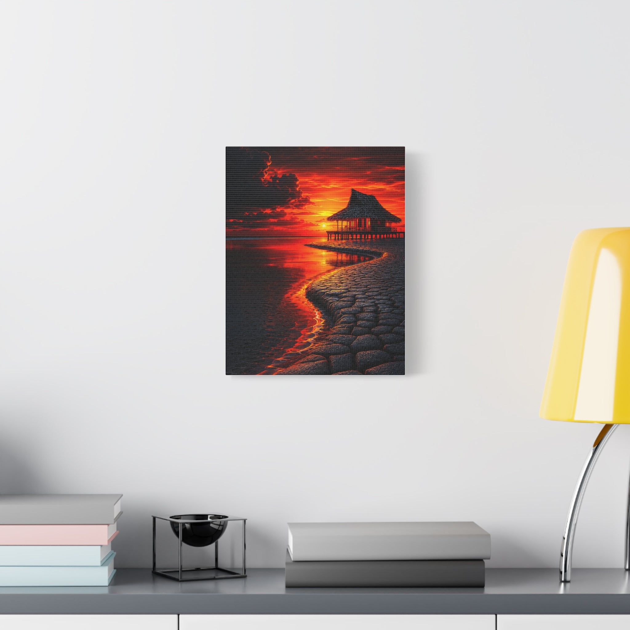 Tropical Sunset Canvas Wall Art — Exotic Hut over Lava-Red Ocean, Matte Stretched 1.25"