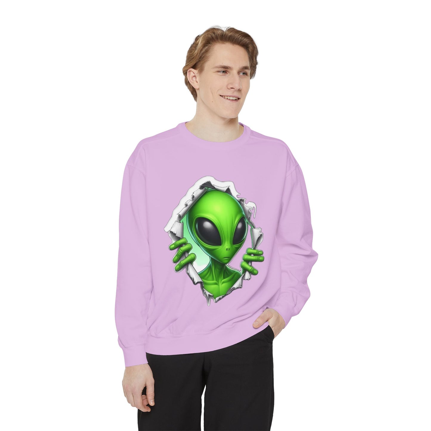 Alien Peeking Graphic Sweatshirt – Green Extraterrestrial Crewneck