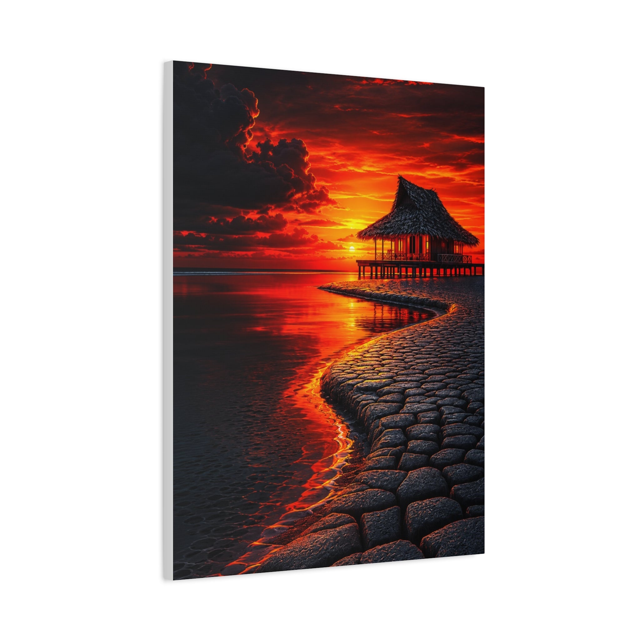 Tropical Sunset Canvas Wall Art — Exotic Hut over Lava-Red Ocean, Matte Stretched 1.25"