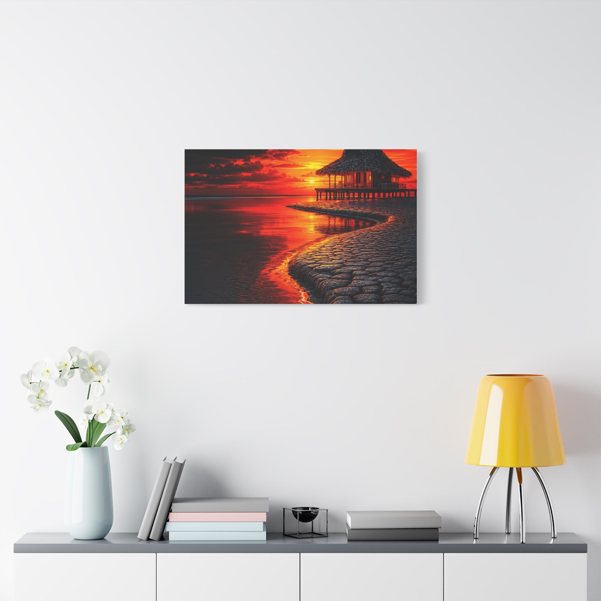 Tropical Sunset Canvas Wall Art — Exotic Hut over Lava-Red Ocean, Matte Stretched 1.25"