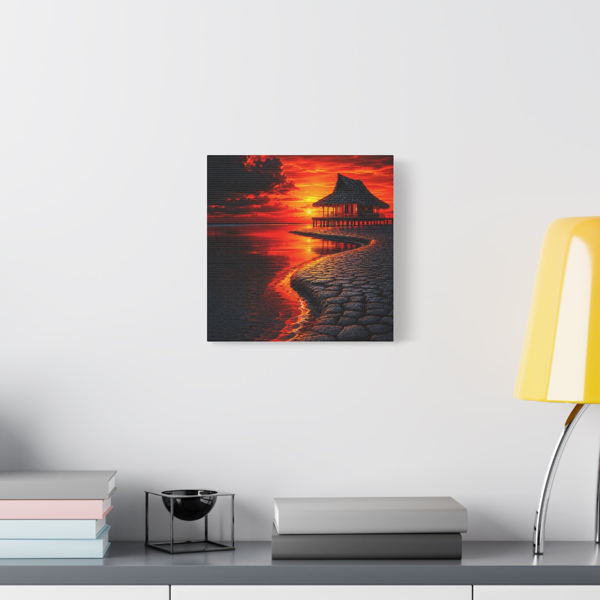 Tropical Sunset Canvas Wall Art — Exotic Hut over Lava-Red Ocean, Matte Stretched 1.25"