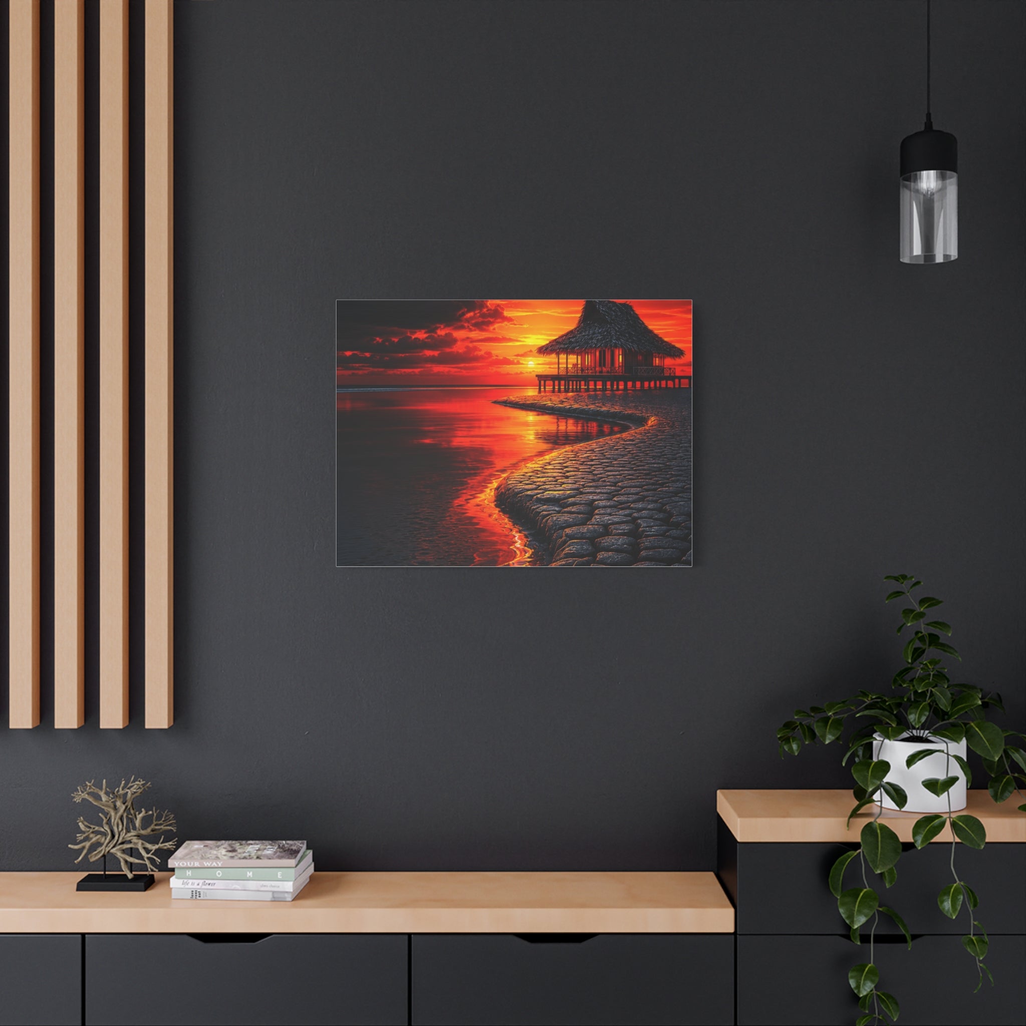 Tropical Sunset Canvas Wall Art — Exotic Hut over Lava-Red Ocean, Matte Stretched 1.25"