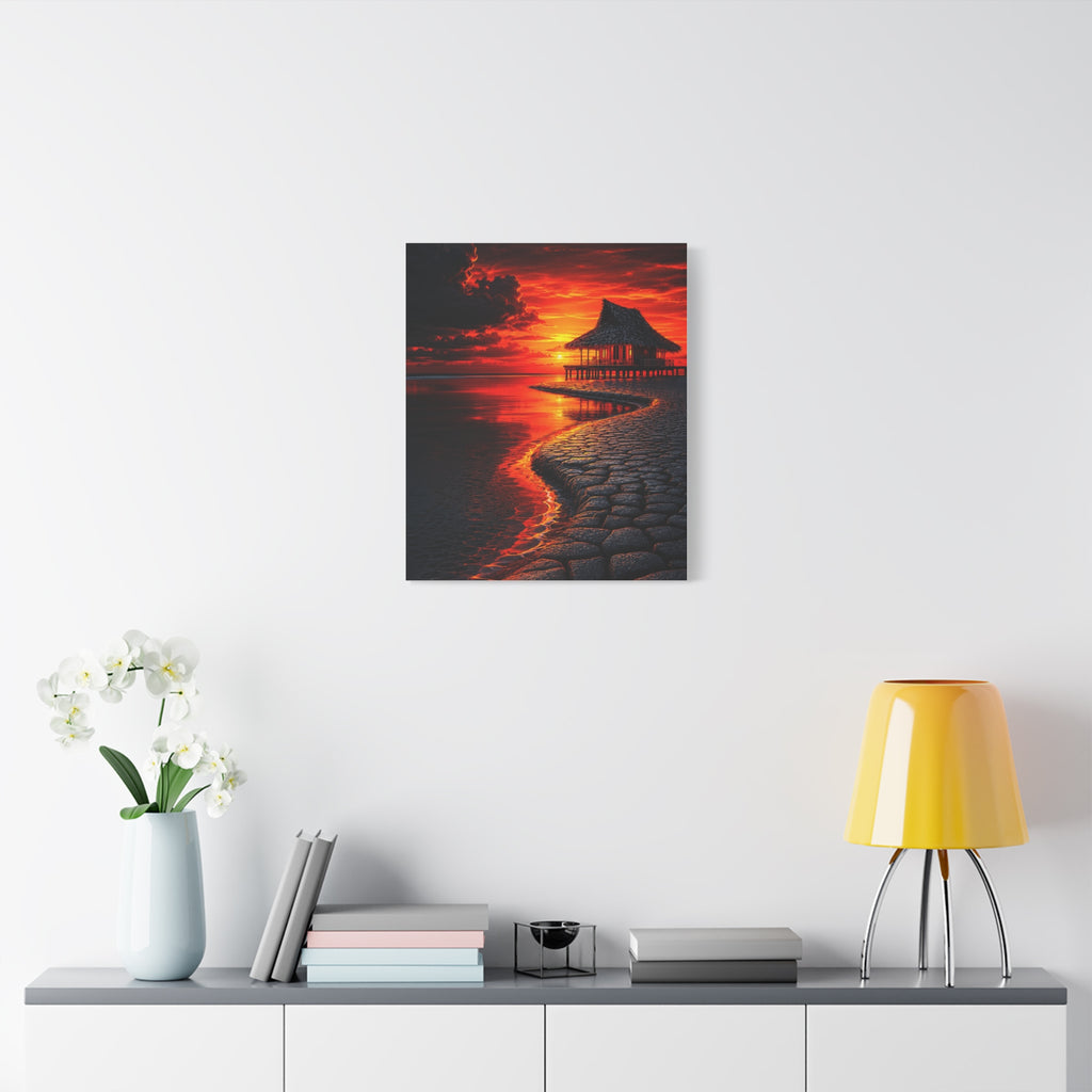 Tropical Sunset Canvas Wall Art — Exotic Hut over Lava-Red Ocean, Matte Stretched 1.25"