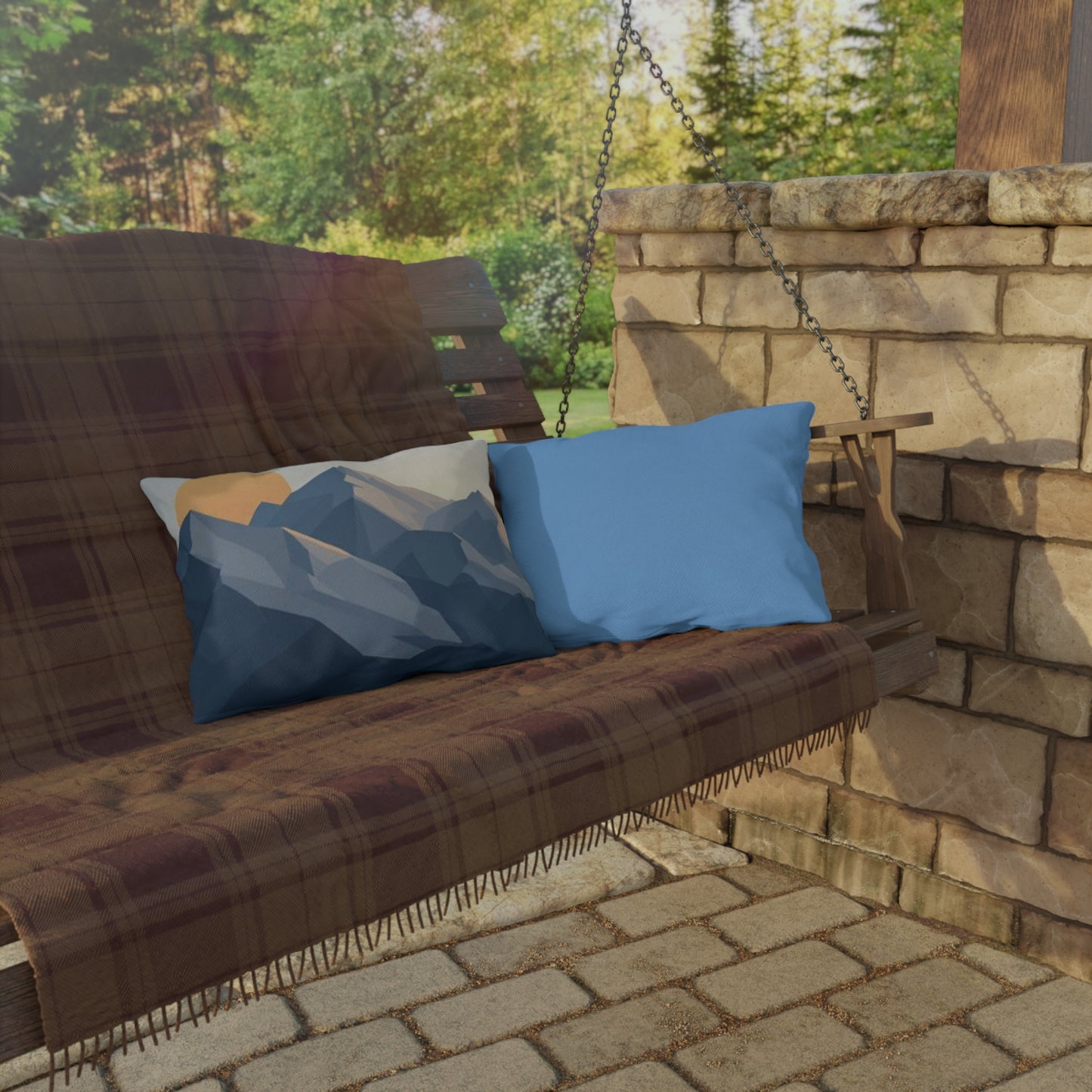 Mountain Sunrise Outdoor Pillow — Geometric Blue Peak Throw Pillow for Patio & Deck