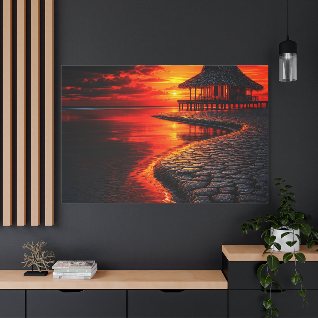 Tropical Sunset Canvas Wall Art — Exotic Hut over Lava-Red Ocean, Matte Stretched 1.25"