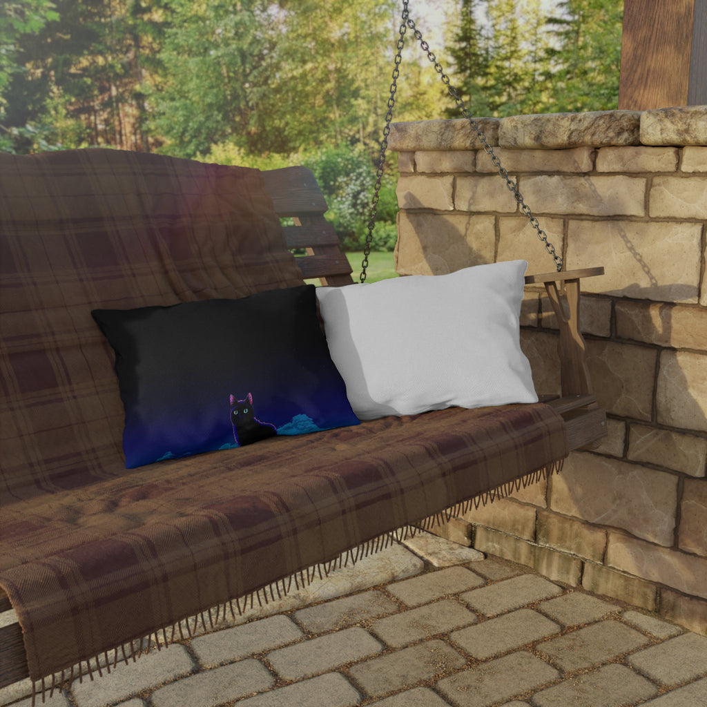 Cat Moon Outdoor Pillow — Night Sky Black Cat Decorative Patio Cushion