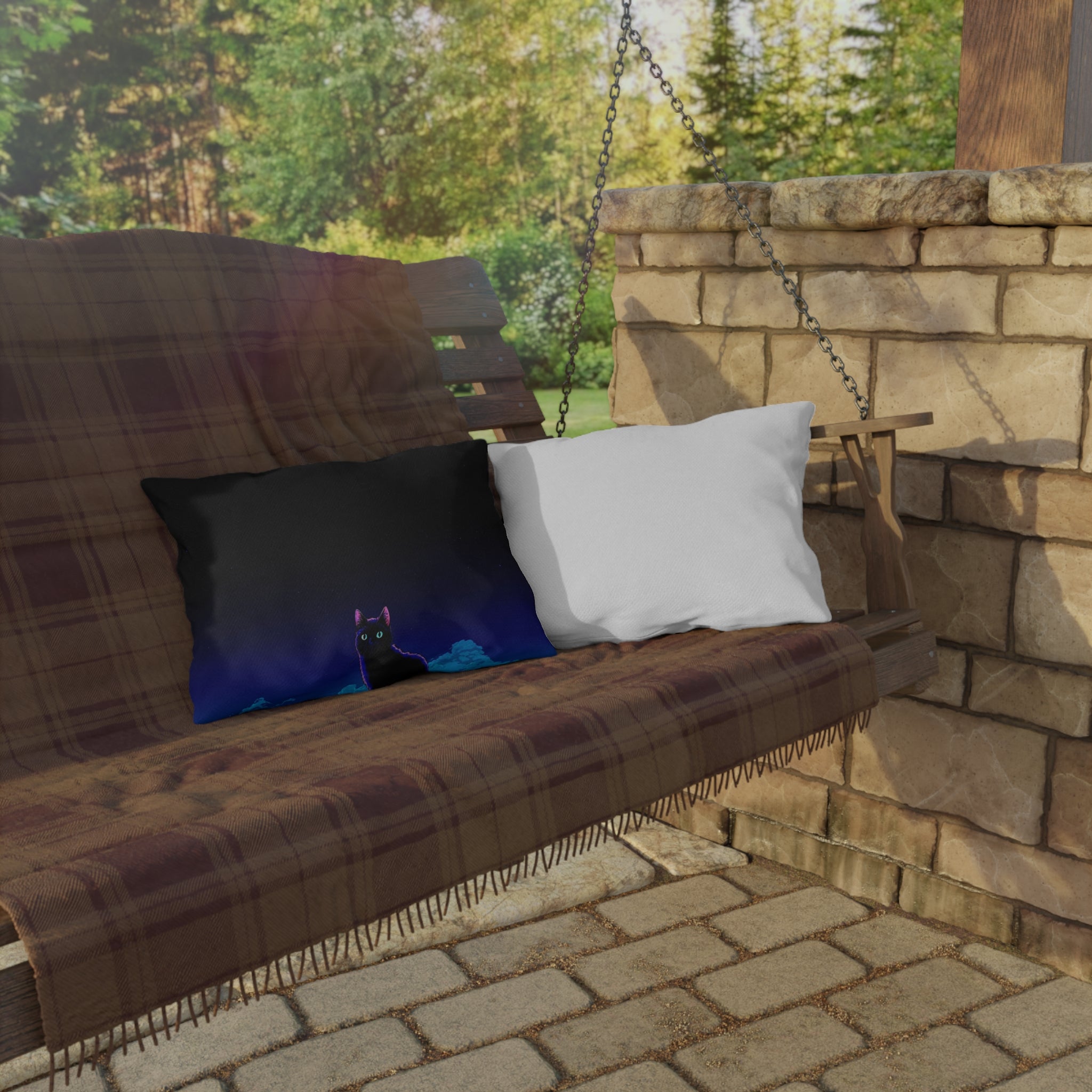 Cat Moon Outdoor Pillow — Night Sky Black Cat Decorative Patio Cushion