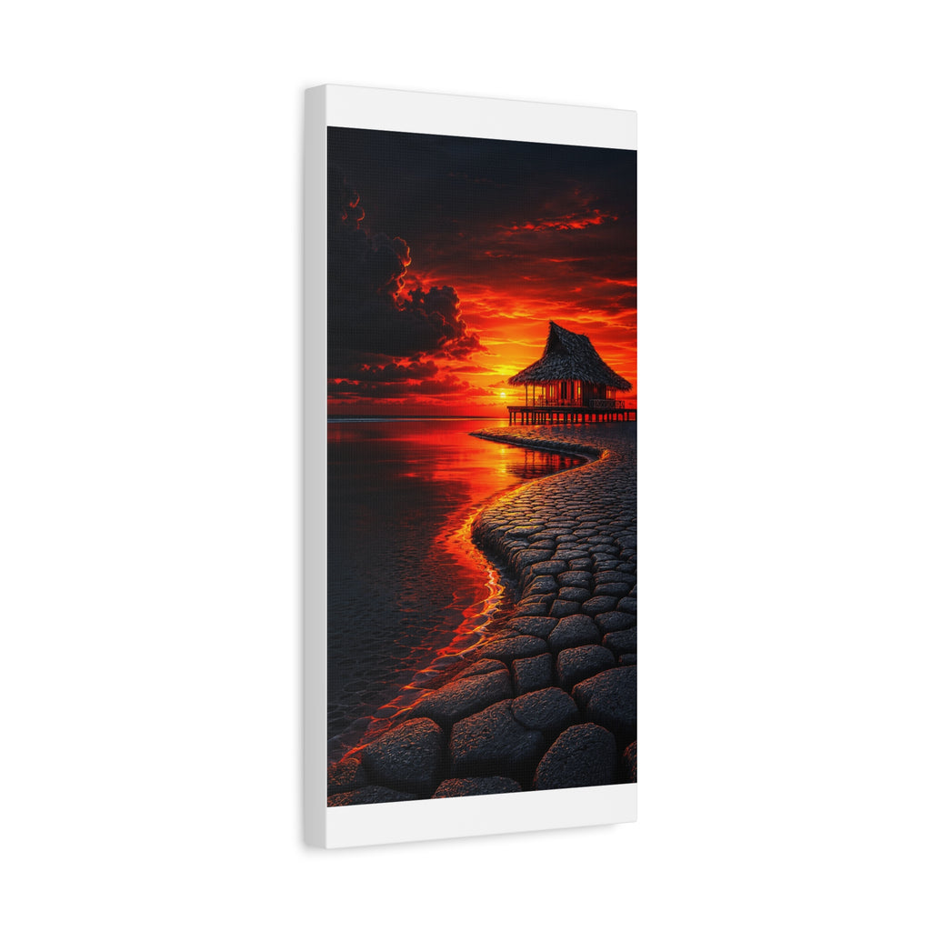 Tropical Sunset Canvas Wall Art — Exotic Hut over Lava-Red Ocean, Matte Stretched 1.25"