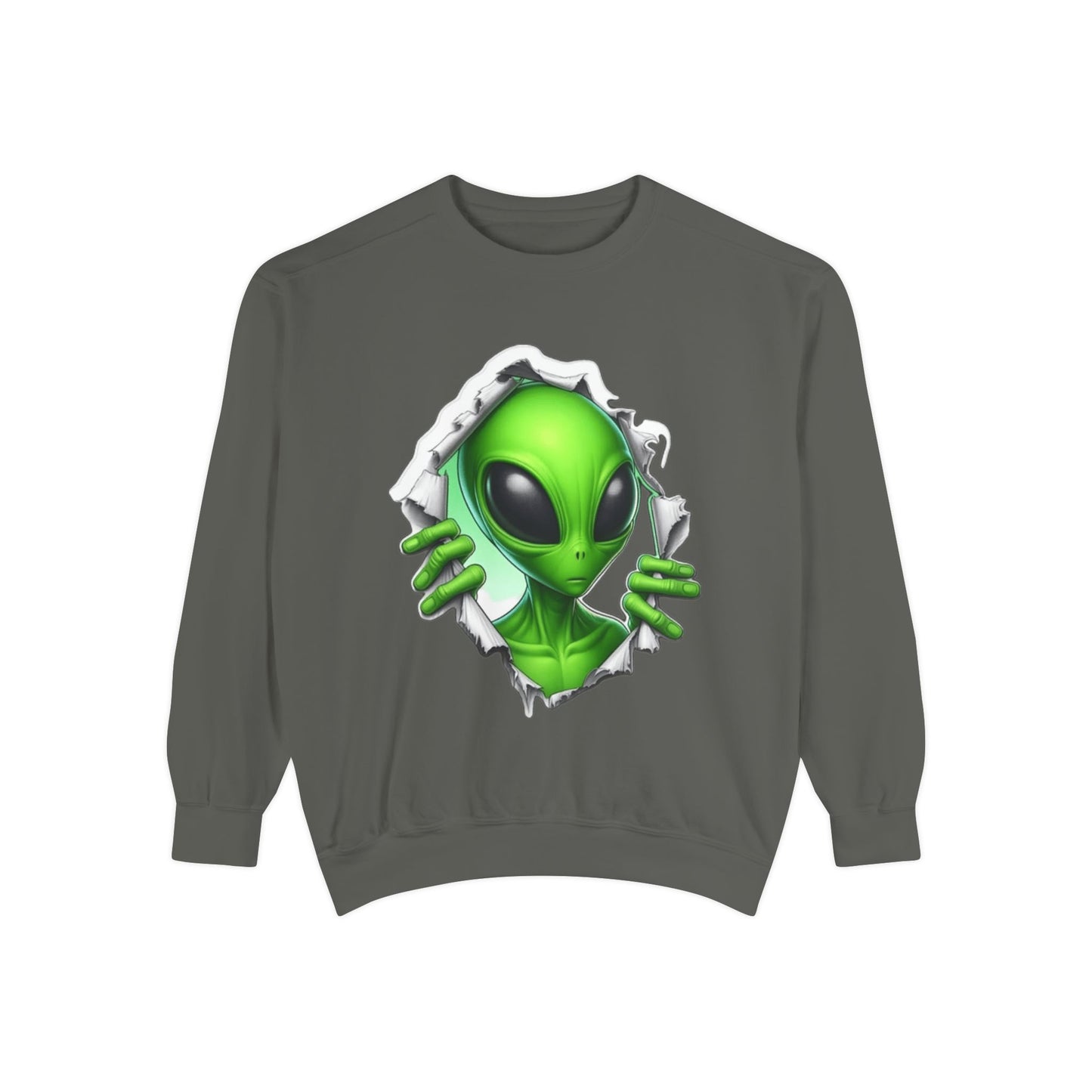 Alien Peeking Graphic Sweatshirt – Green Extraterrestrial Crewneck
