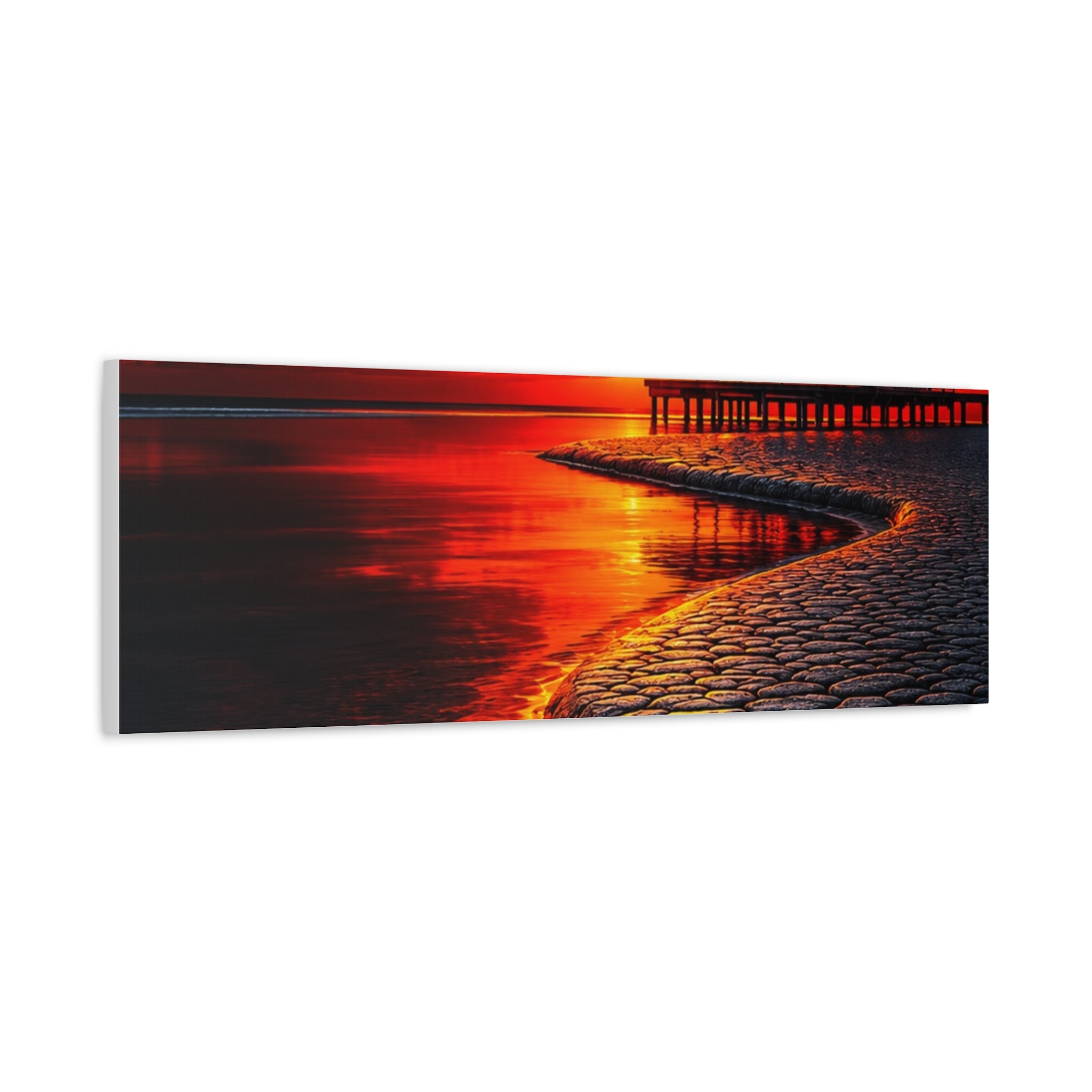 Tropical Sunset Canvas Wall Art — Exotic Hut over Lava-Red Ocean, Matte Stretched 1.25"