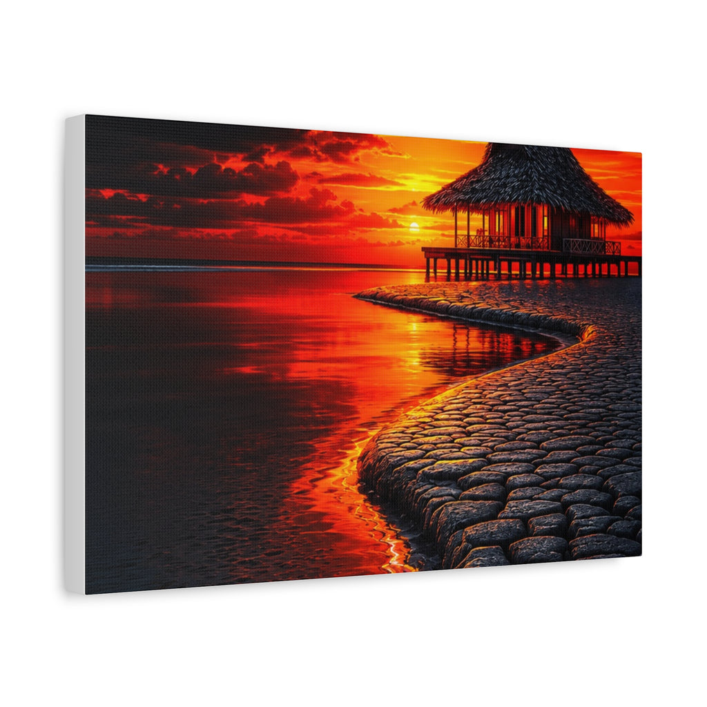 Tropical Sunset Canvas Wall Art — Exotic Hut over Lava-Red Ocean, Matte Stretched 1.25"