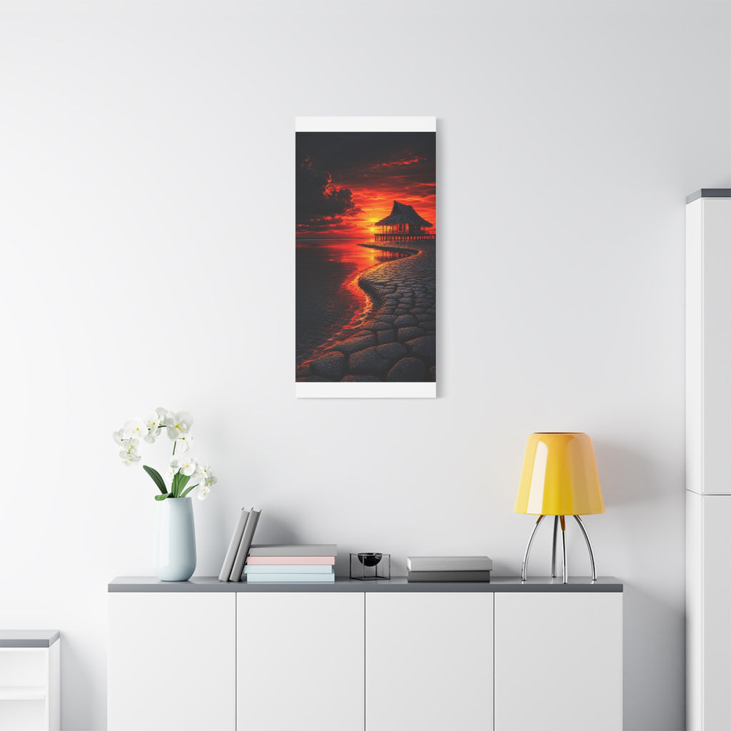 Tropical Sunset Canvas Wall Art — Exotic Hut over Lava-Red Ocean, Matte Stretched 1.25"