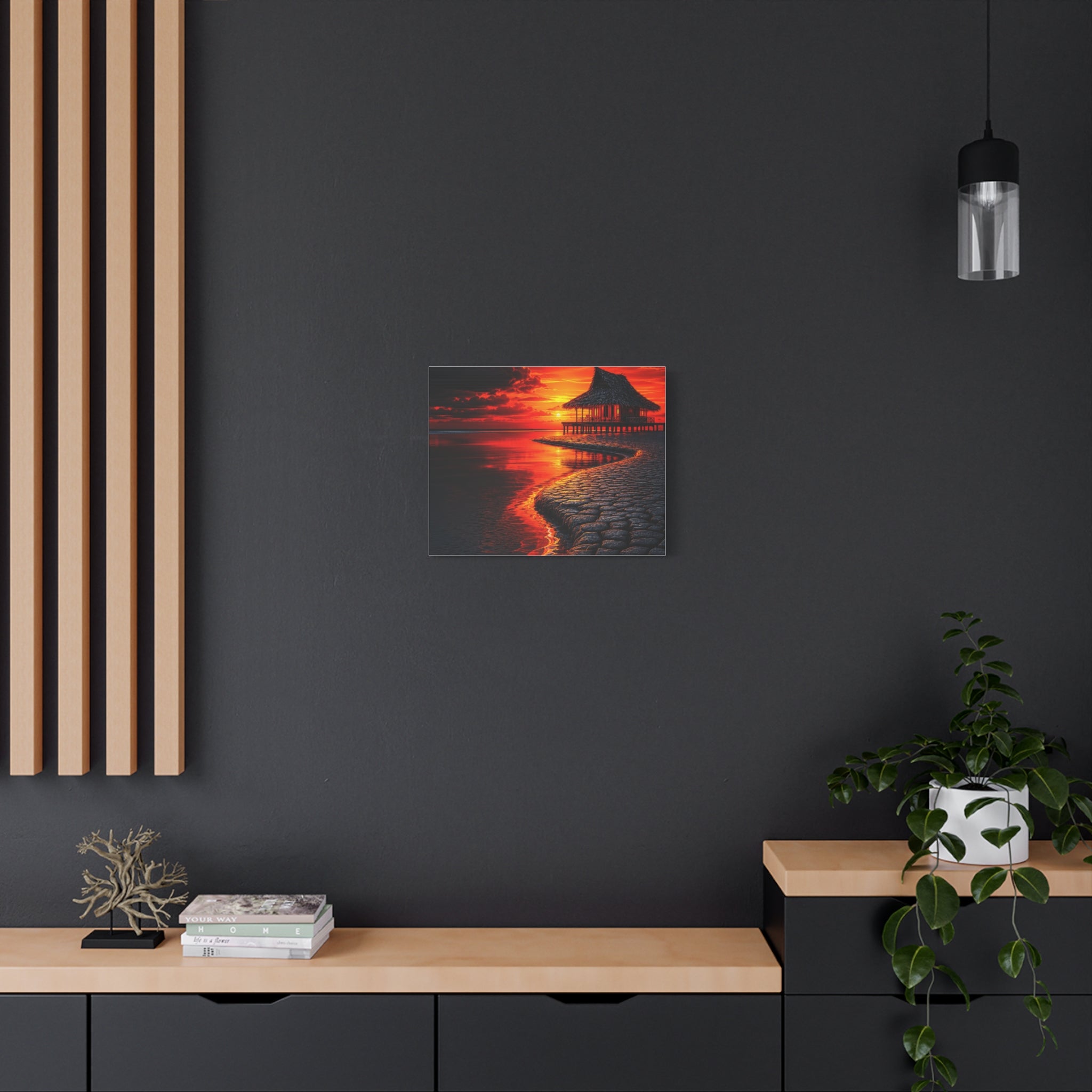 Tropical Sunset Canvas Wall Art — Exotic Hut over Lava-Red Ocean, Matte Stretched 1.25"
